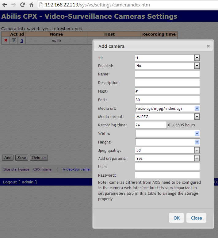 Web interface to add a camera in Abilis CPX