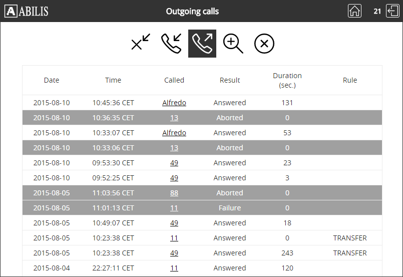 Outgoing calls log