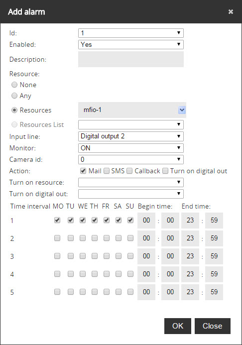 Web interface to add alarm for camera in Abilis CPX