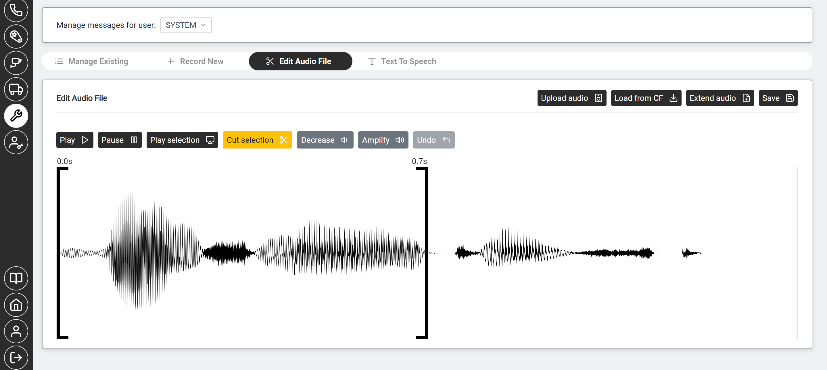 Edit Audio — waveform editor with playback, cut, volume, and undo controls.