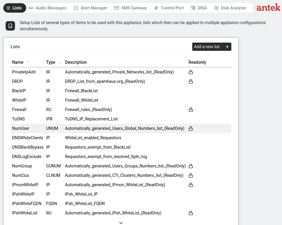 Lists page showing configured lists with names, types, and descriptions.