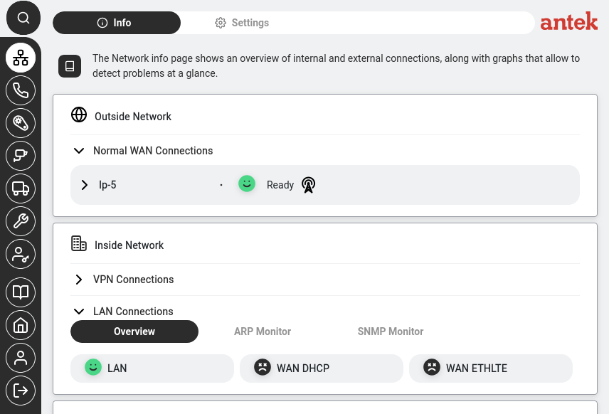 Networking Info — green smileys mean the connection is up.